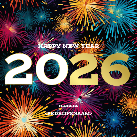 Kerstkaart met kleurrijk vuurwerk en 2026 in goudfolie