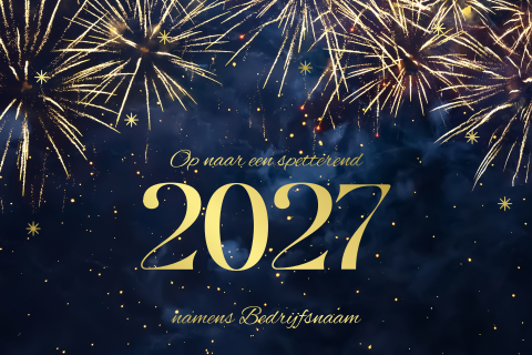 Donkerblauwe nieuwjaarskaart met gouden jaartal 2027 en vuurwerk