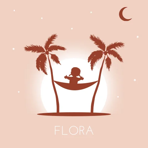 Silhouet geboortekaartje met meisje in hangmat tussen palmbomen