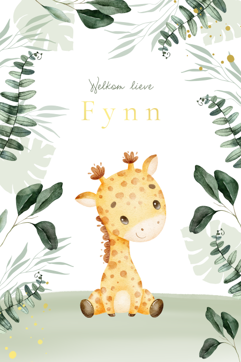 Lief geboortekaartje met giraffe zittend tussen de bladeren