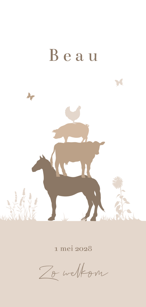 Silhouet geboortekaartje met beige boerderijdieren