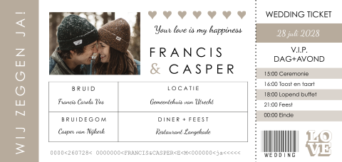 Trouwkaart wedding ticket hartjes