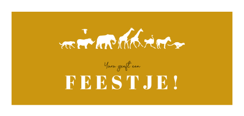 Gele uitnodiging voor een kinderfeestje met rij wilde dieren