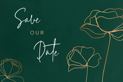 Groene save the date kaart met bloemen in koperfolie