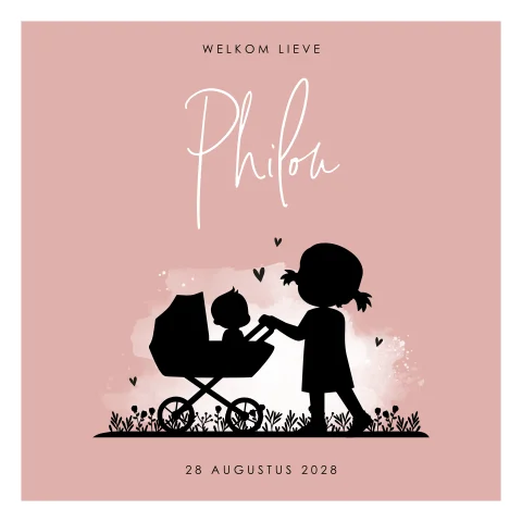 Silhouet geboortekaartje met zus en kinderwagen met baby meisje