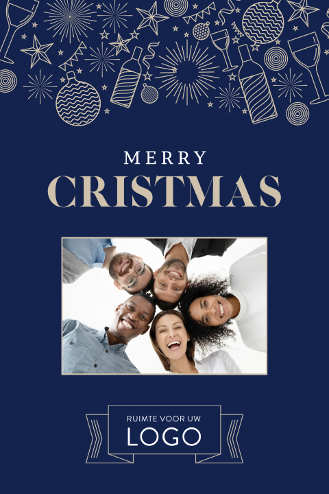 Donkerblauw kerstkaart met foto, kersticoontjes en logo