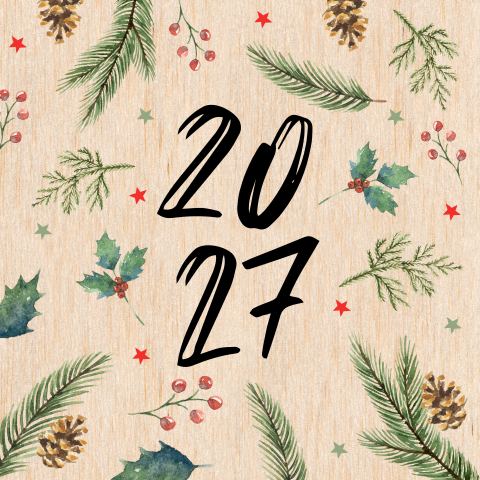 Houten kerstkaart met 2027 en takjes