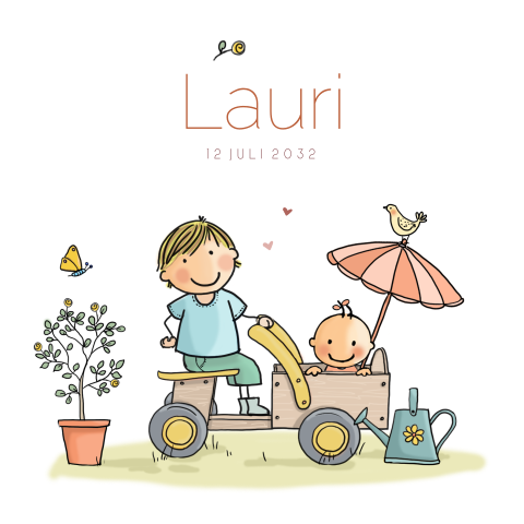 Roze geboortekaartje met broertje en baby zusje in kar met parasol