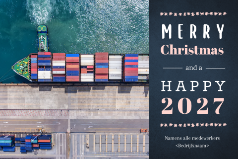 Blauwe kerstkaart voor scheepvaart branche met eigen foto