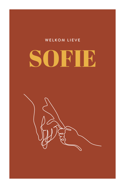 Monoline geboortekaartje meisje met baby en volwassen hand