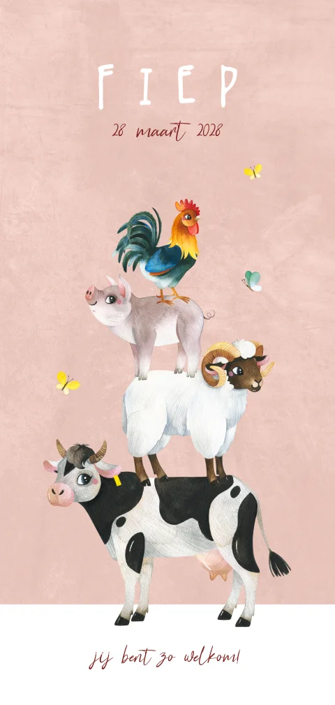 Vrolijk roze geboortekaartje meisje met boerderij diertjes