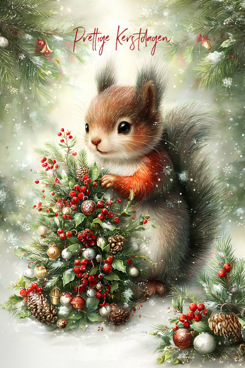 Lieve kerstkaart met eekhoorn en winterse kersttakjes