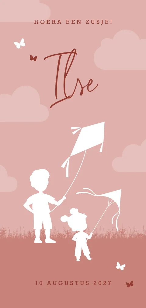 Roze geboortekaartje meisje met grote broer en vliegers