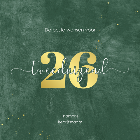 Groene kerstkaart met 2026 in goudfolie