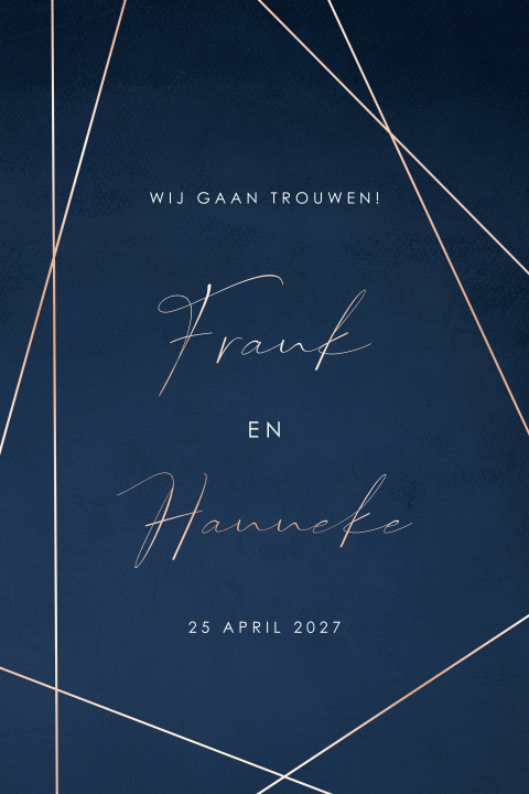 Donkerblauwe trouwkaart met roségoudfolie lijnen