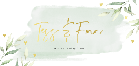 Botanisch geboortekaartje voor tweeling jongen en meisje met goudfolie