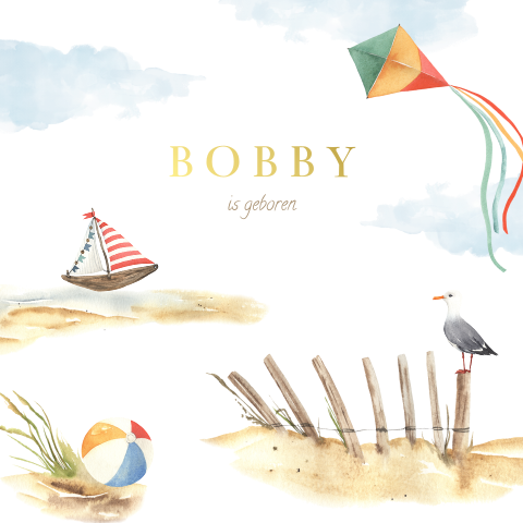 Zomer geboortekaartje met waterverf strand illustraties