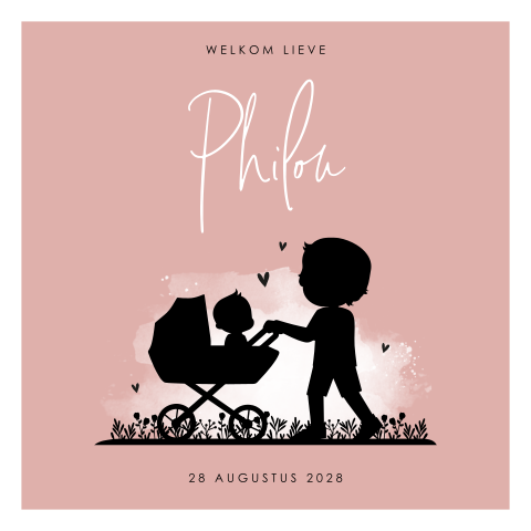 Silhouet geboortekaartje met broer en kinderwagen met baby meisje