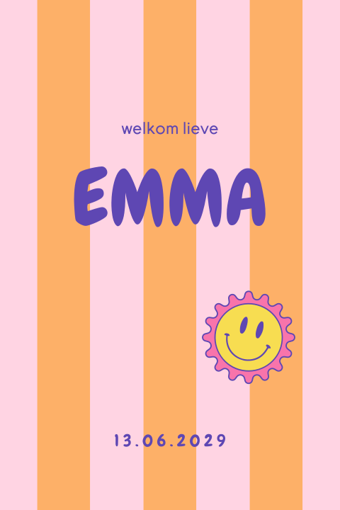 Roze retro geboortekaartje met oranje strepen en smiley