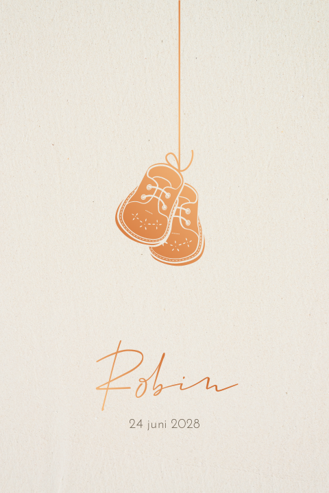 Unisex geboortekaartje met schoentjes in koperfolie