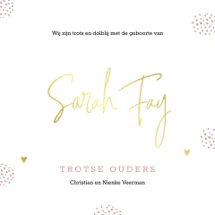 Roze geboortekaartje met regenboogjes in goudfolie