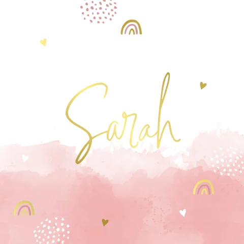 Roze geboortekaartje met regenboogjes in goudfolie