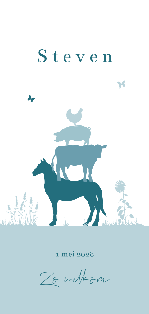 Silhouet geboortekaartje met blauwe boerderijdieren