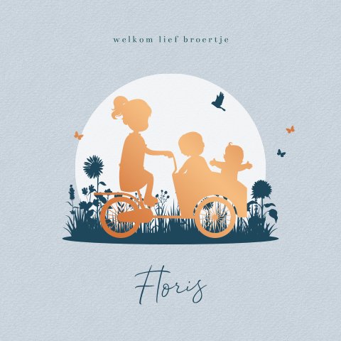 Geboortekaartje jongen met drie kinderen op bakfiets