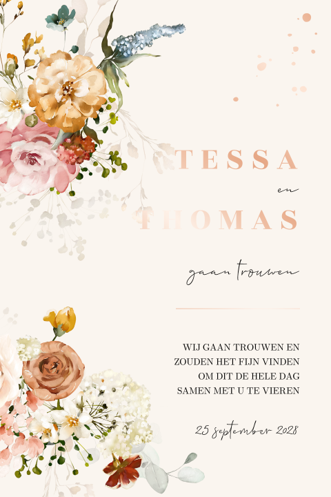 Roze trouwkaart met romantische bloemen
