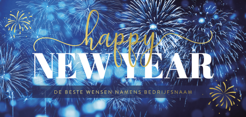 Nieuwjaarskaart met blauw vuurwerk en goudfolie