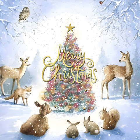 Winterse kerstkaart met kerstboom en bosdieren