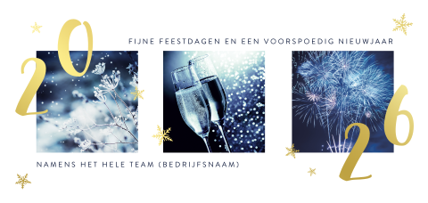 Liggende kerstkaart met gouden 2026 en ijsbloemen