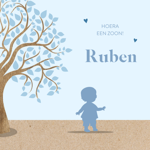 Silhouet geboortekaartje baby jongetje bij boom
