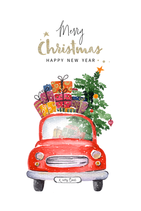 Kerstkaart met rode wagen met kerstboom en cadeautjes