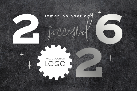 Zilverfolie kerstkaart met tandwiel en logo