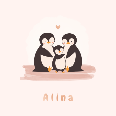 Roze winter geboortekaartje met pinguin familie