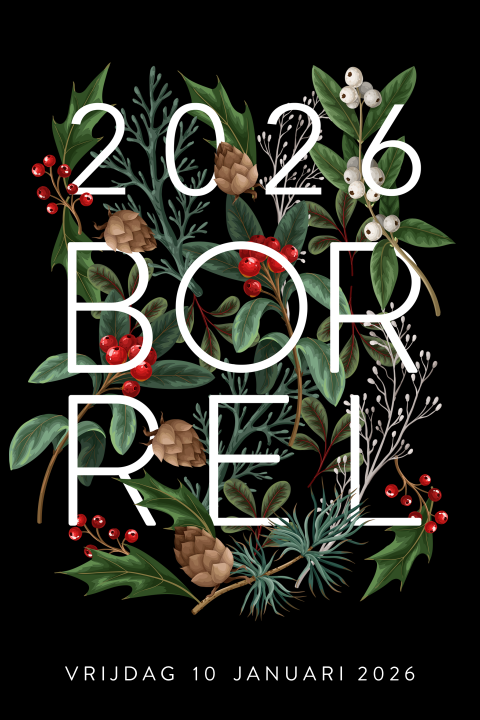 Nieuwjaarsborrel 2026 uitnodiging met winterse takjes en bessen