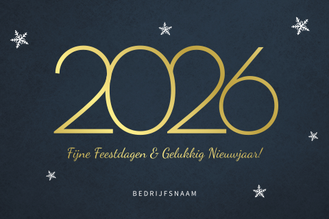 Stijlvolle blauwe kerstkaart 2026 in goudfolie en gelukkig nieuwjaar