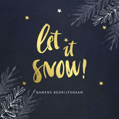 Donkerblauwe kerstkaart met takjes en gouden typografie