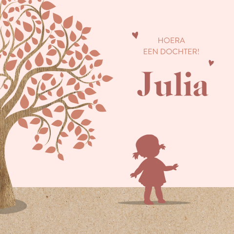 Silhouet geboortekaartje met lief meisje bij boom