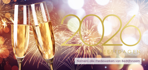 Kerstkaart met 2026 in goudfolie en foto champagne