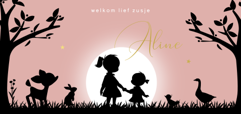 Geboortekaartje twee zusjes silhouet met zon en goudfolie