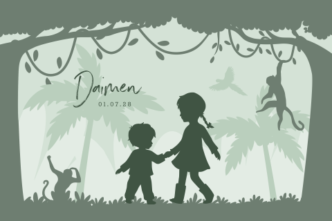Jungle geboortekaartje in groen met silhouet broertje en zus