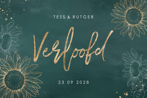 Donkergroene verloofdkaart met zonnebloemen en spetters