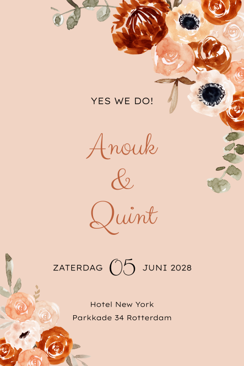 Roze trouwkaart met roze, oranje en rode bloemen