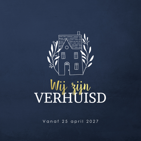 Donkerblauwe verhuiskaart met getekend huis en goudfolie