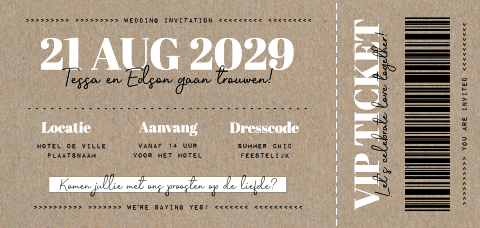 Trouwticket op echt kraft met wit en zwarte typografie