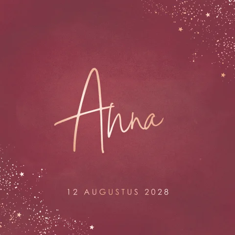 Donkerroze geboortekaartje meisje met rosegouden sterretjes