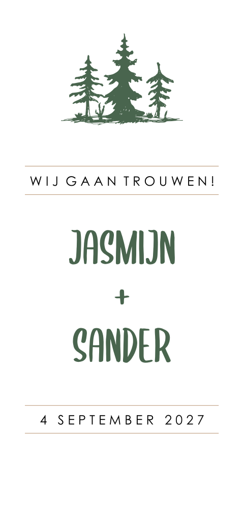 Stoere trouwkaart met bomen