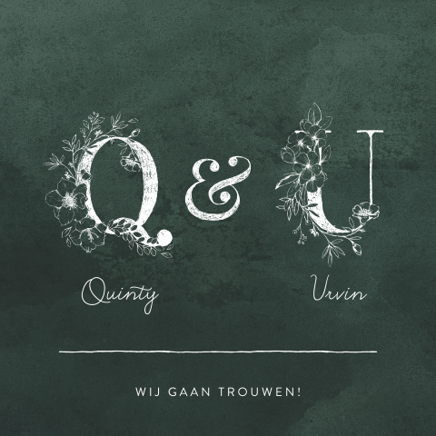 Groene trouwkaart met witte initialen met bloemen